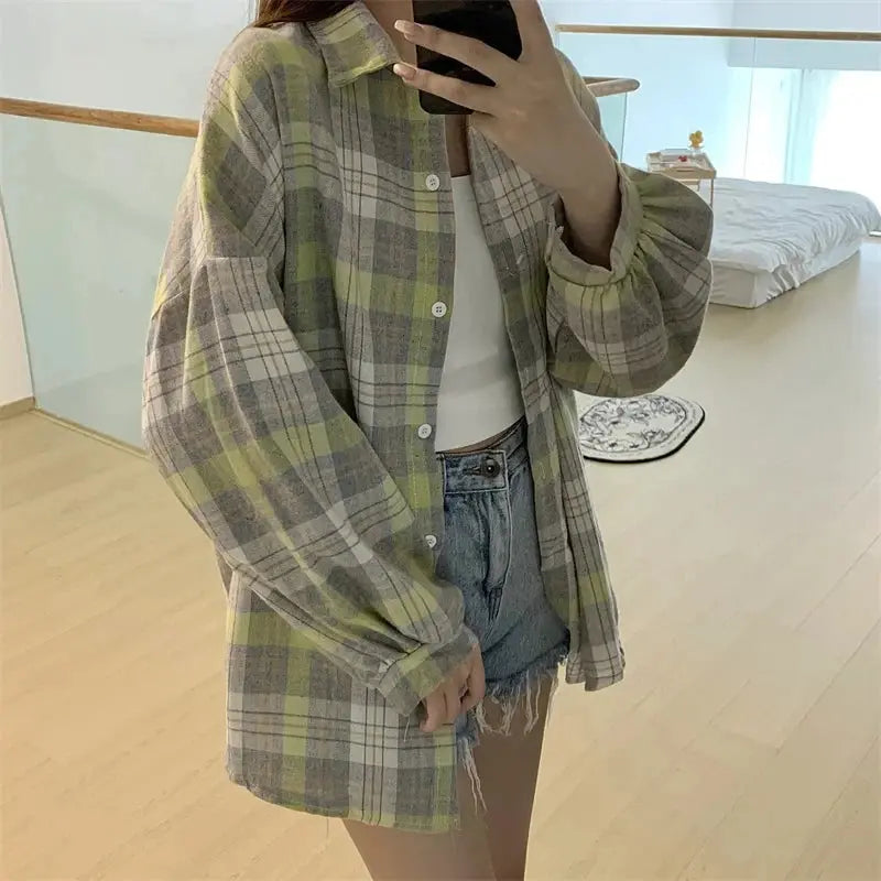 Plaid Long Sleeve Shirt for Women – Vintage Loose Fit Sparkling Chamber