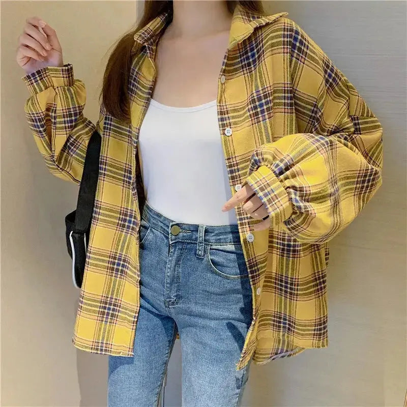 Plaid Long Sleeve Shirt for Women – Vintage Loose Fit Sparkling Chamber