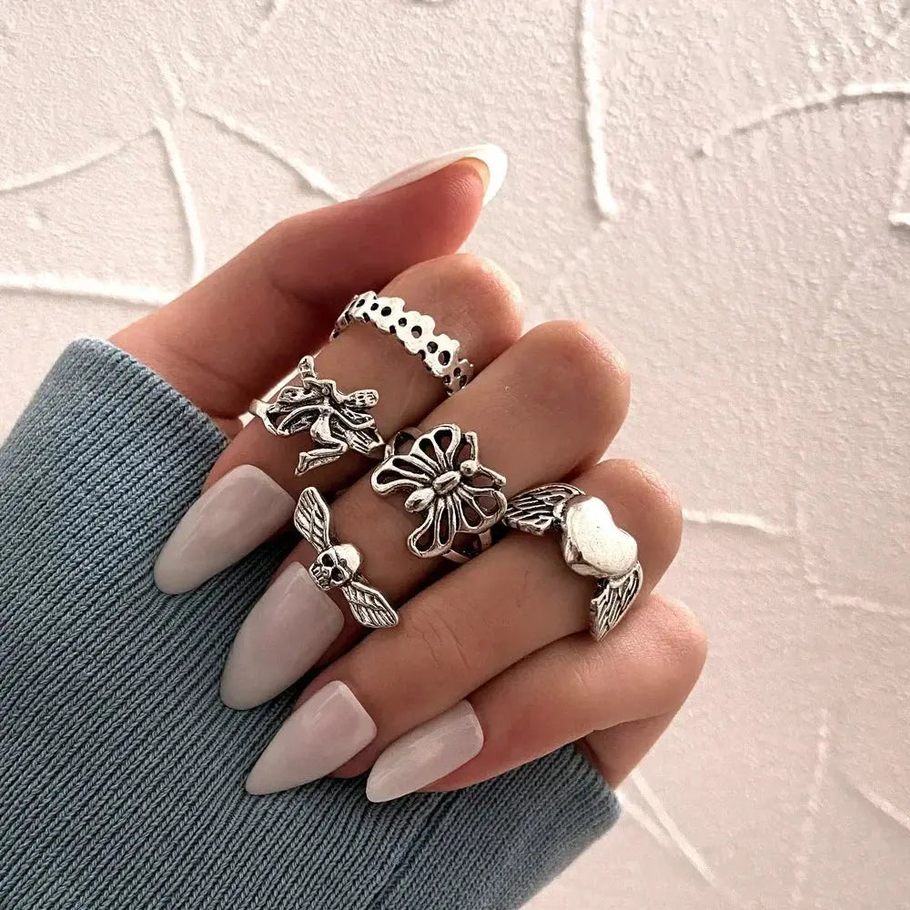 LATS 10Pcs Silver-Color Bohemian Ring Set for Women Sparkling Chamber