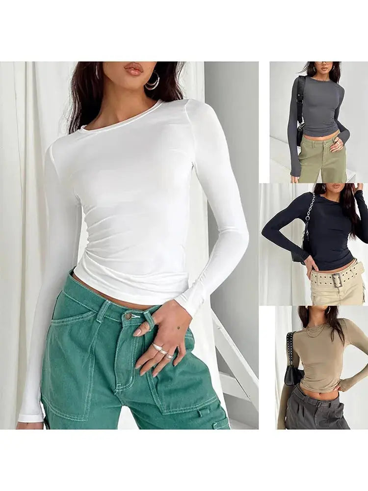 Women Casual Long Sleeve Slim Fit Solid T-Shirt - Spring Autumn Streetwear Sparkling Chamber