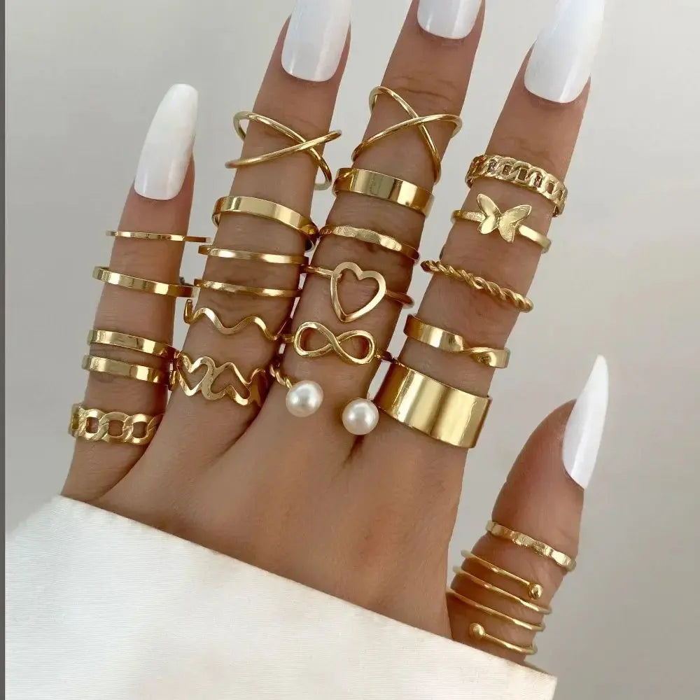 Delysia King Alloy Ring Set for Unisex – 22pcs in Gold & Silver Sparkling Chamber