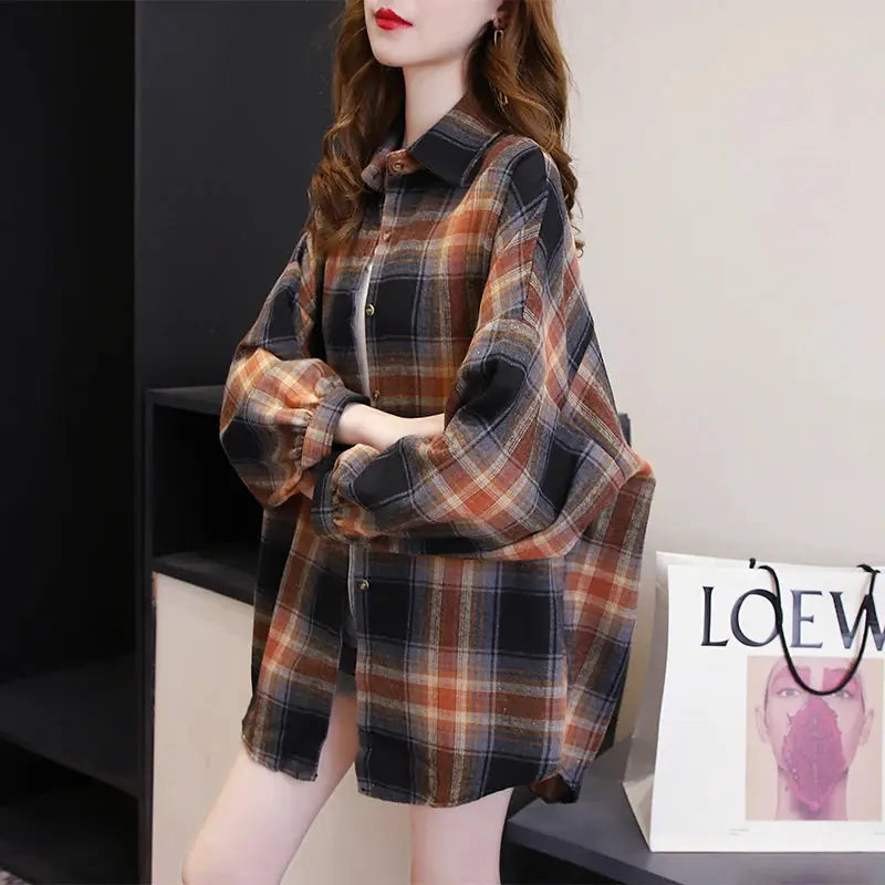 Plaid Long Sleeve Shirt for Women – Vintage Loose Fit Sparkling Chamber