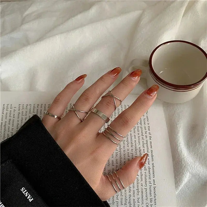 LATS 10Pcs Silver-Color Bohemian Ring Set for Women Sparkling Chamber