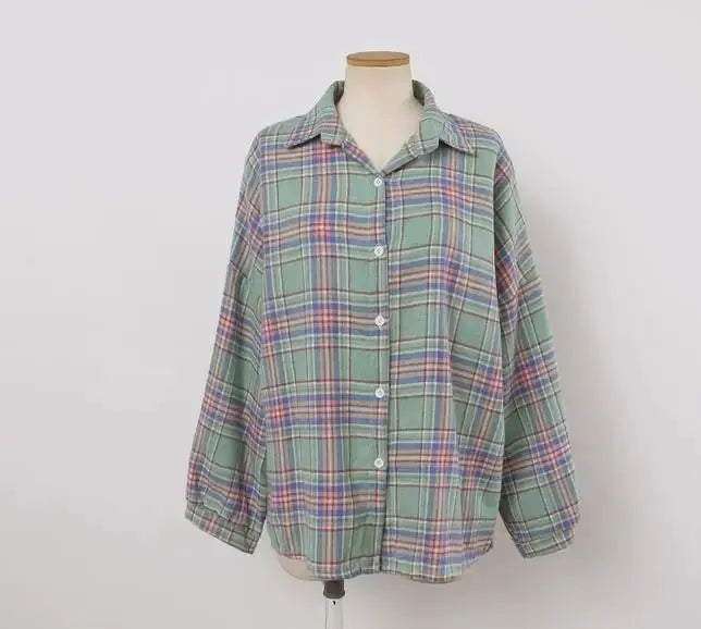 Plaid Long Sleeve Shirt for Women – Vintage Loose Fit Sparkling Chamber