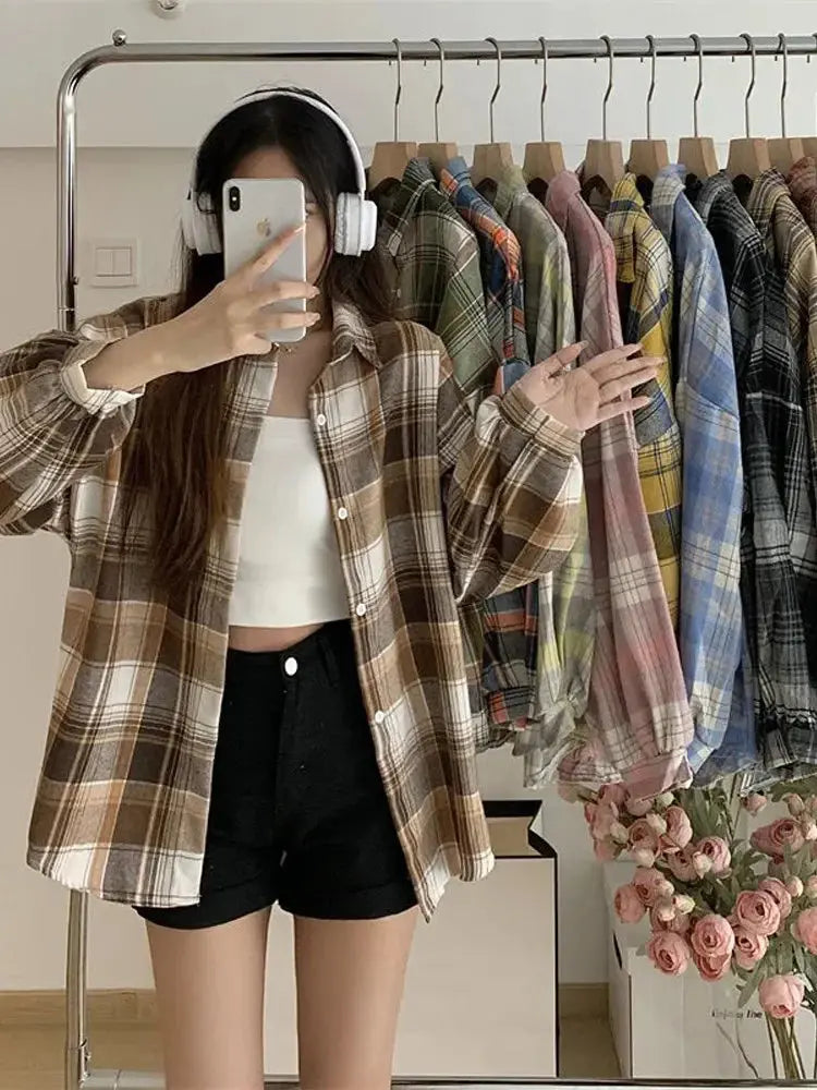 Plaid Long Sleeve Shirt for Women – Vintage Loose Fit Sparkling Chamber