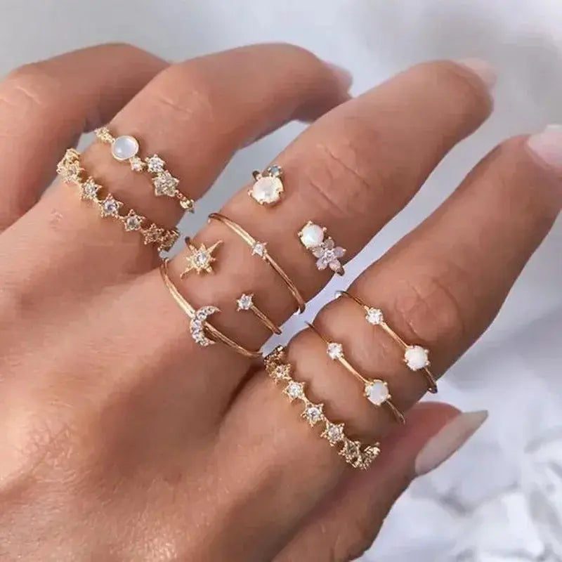 LATS 10Pcs Silver-Color Bohemian Ring Set for Women Sparkling Chamber