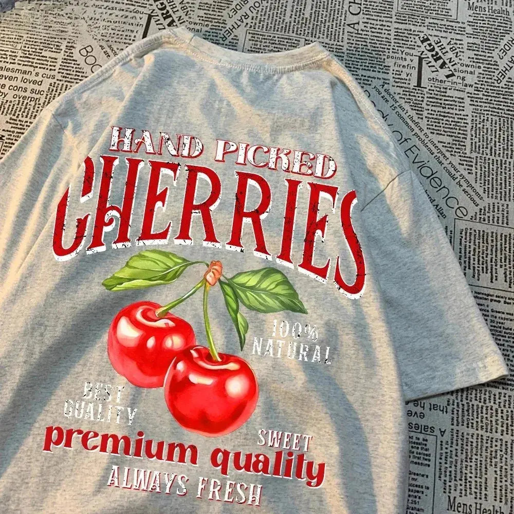 Hand-Picked Cherries Print Oversized Cotton T-Shirt Sparkling Chamber