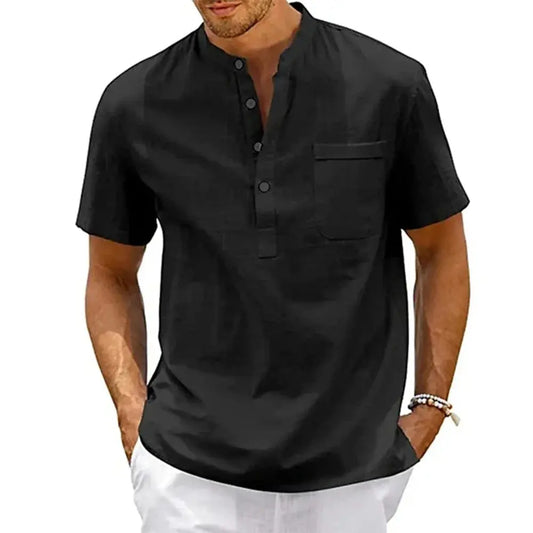 Men's Cotton Linen Henley Neck Shirt, Casual Pocket T-shirt Sparkling Chamber