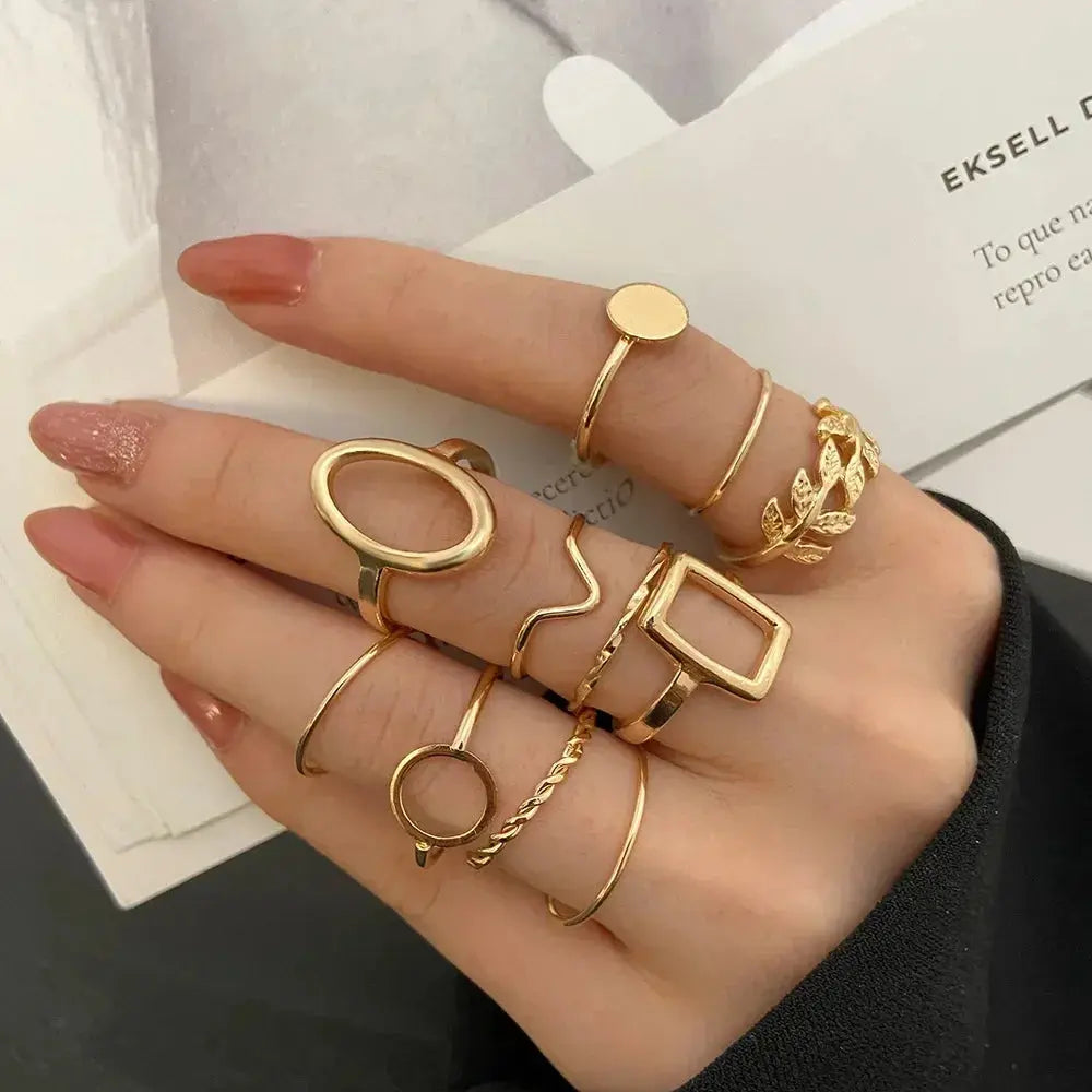 LATS 10Pcs Silver-Color Bohemian Ring Set for Women Sparkling Chamber