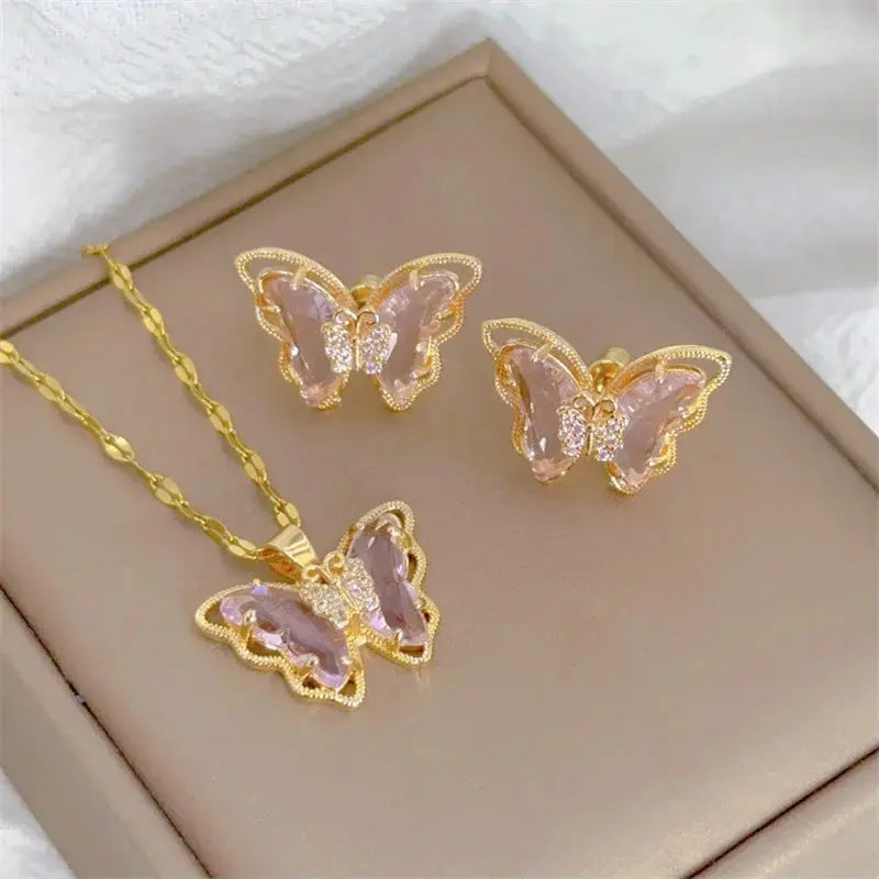 Fashion Butterfly Necklace & Earrings Set - Classic Light Luxury Sparkling Chamber