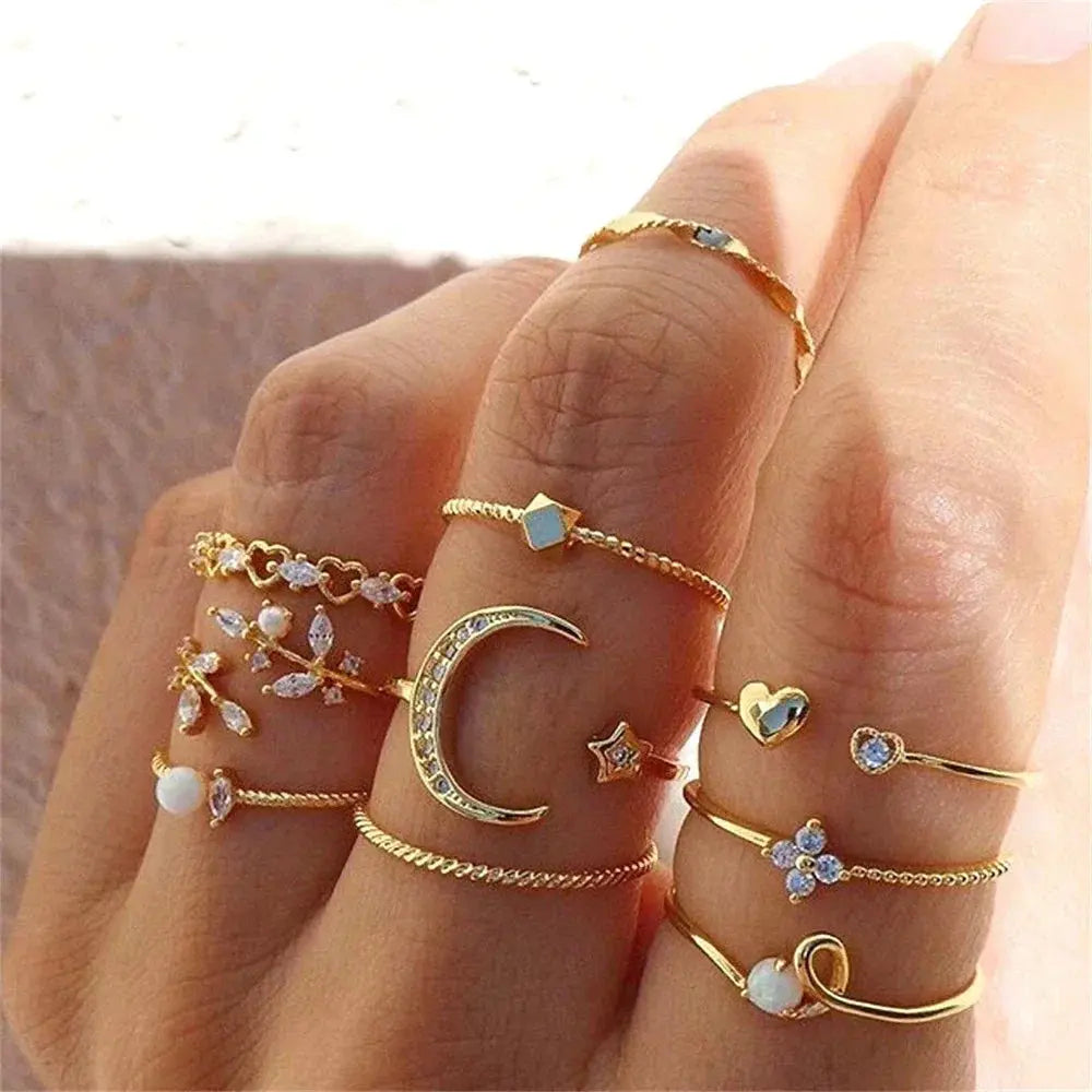 LATS 10Pcs Silver-Color Bohemian Ring Set for Women Sparkling Chamber