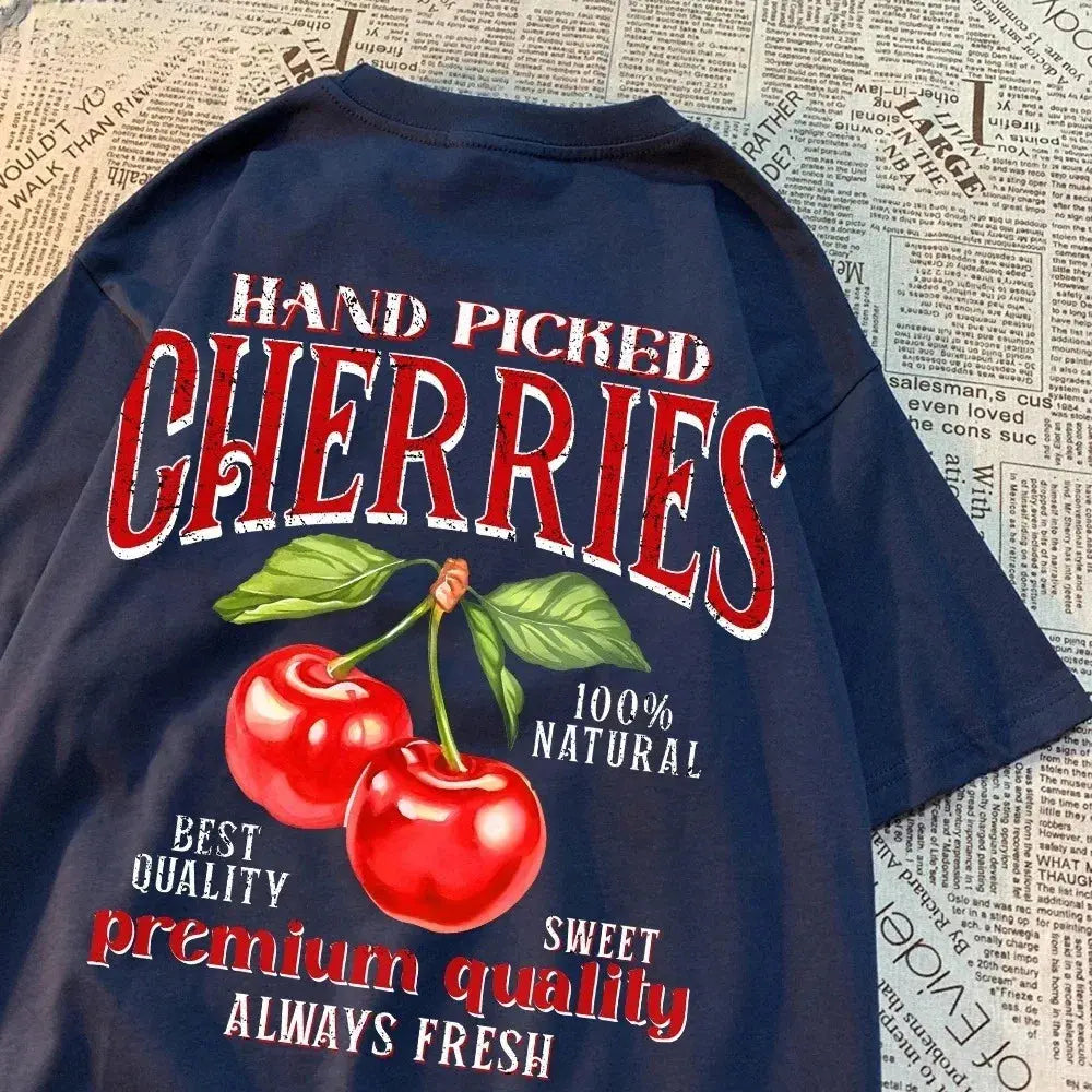 Hand-Picked Cherries Print Oversized Cotton T-Shirt Sparkling Chamber