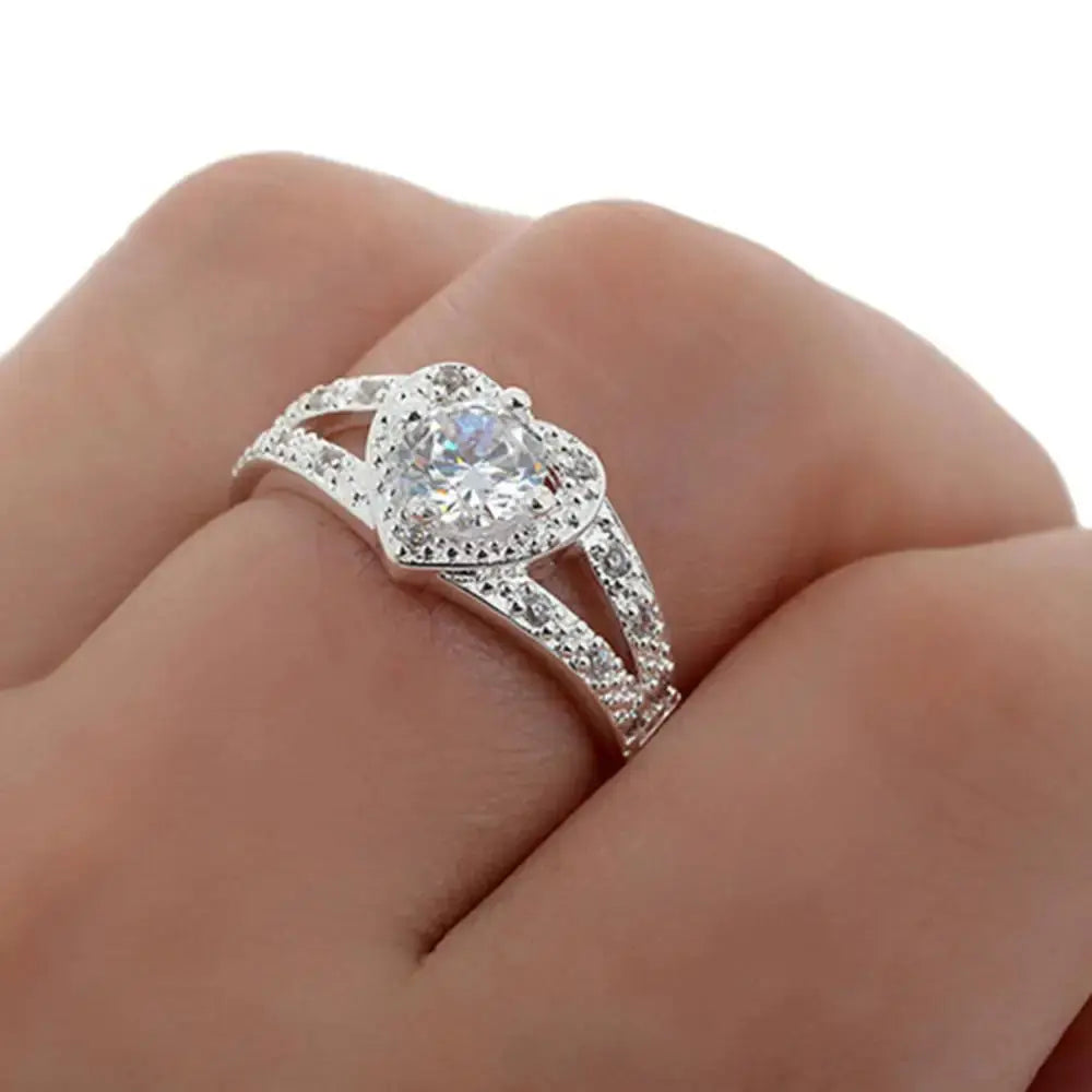 Women 925 Sterling Silver Crystal Heart Shaped Ring - Bridal Wedding Jewelry Sparkling Chamber