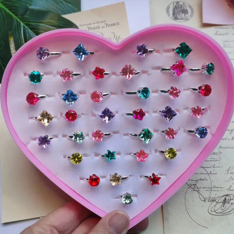 12/36PCS Adjustable Kids Crystal Rings – Heart, Star, Square Shapes Sparkling Chamber