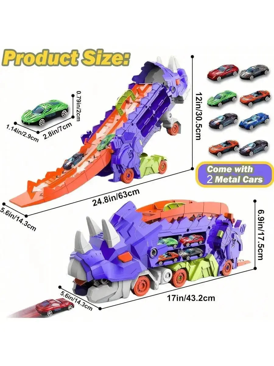 Folding Dinosaur Transporter Car Toy with 2 Die-Cast Cars Sparkling Chamber