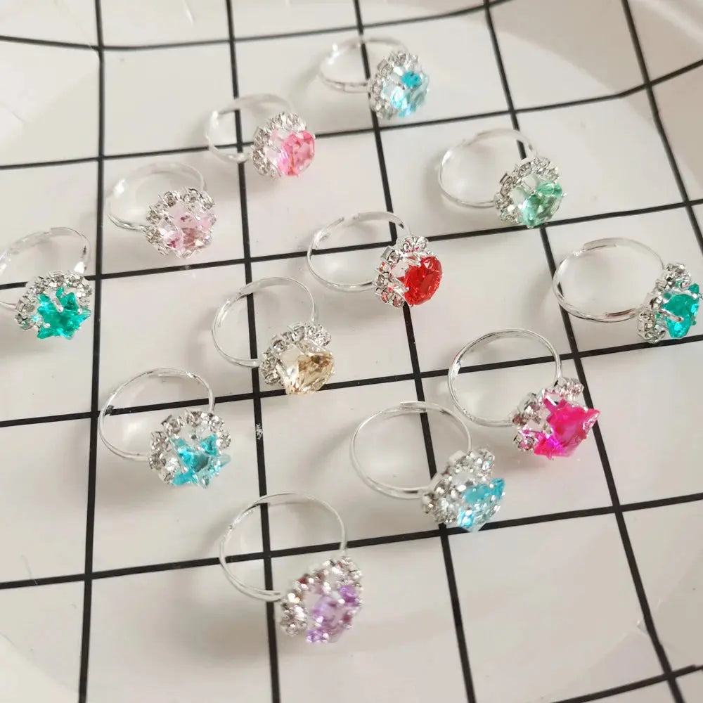 12/36PCS Adjustable Kids Crystal Rings – Heart, Star, Square Shapes Sparkling Chamber