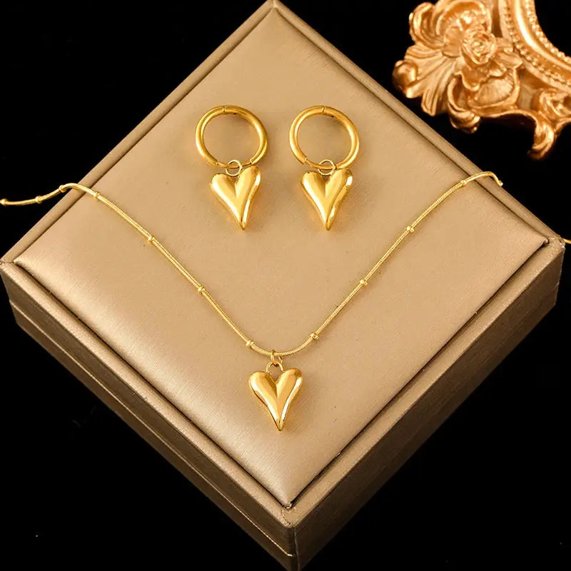 EILIECK Gold Heart Necklace & Earrings Set for Women Sparkling Chamber