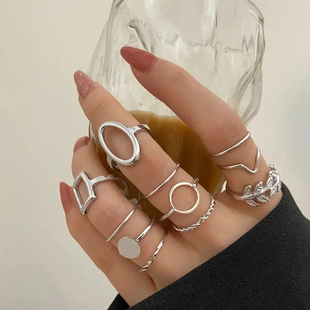 LATS 10Pcs Silver-Color Bohemian Ring Set for Women Sparkling Chamber