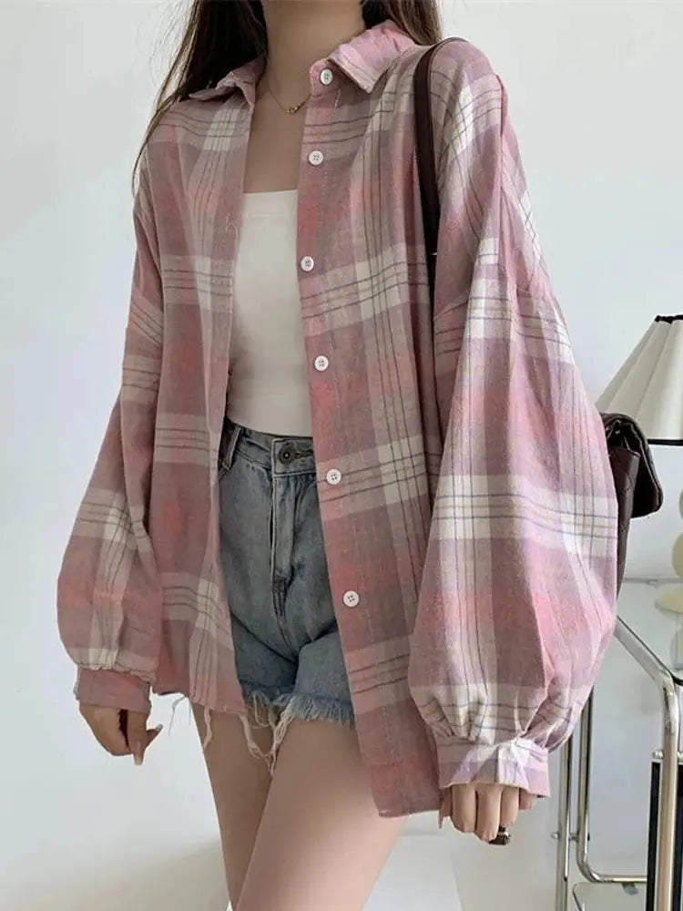 Plaid Long Sleeve Shirt for Women – Vintage Loose Fit Sparkling Chamber