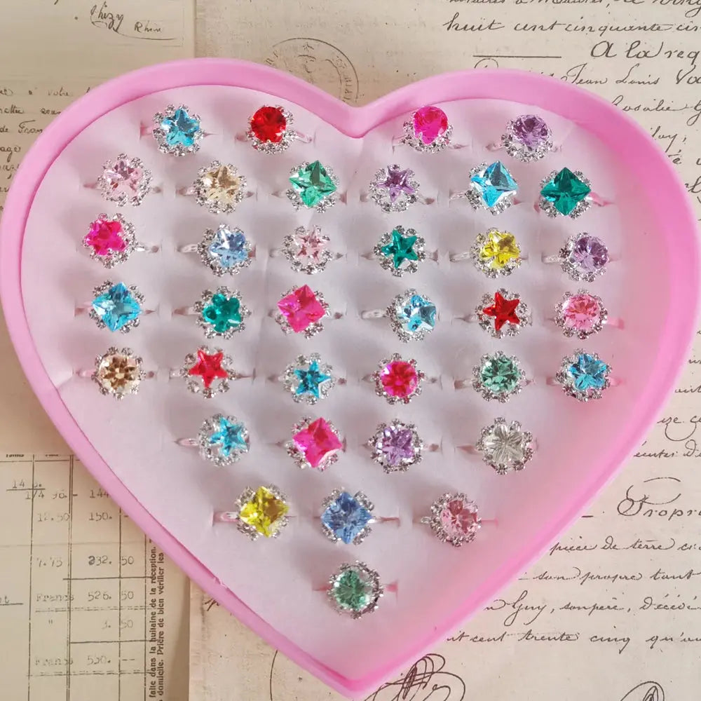 12/36PCS Adjustable Kids Crystal Rings – Heart, Star, Square Shapes Sparkling Chamber