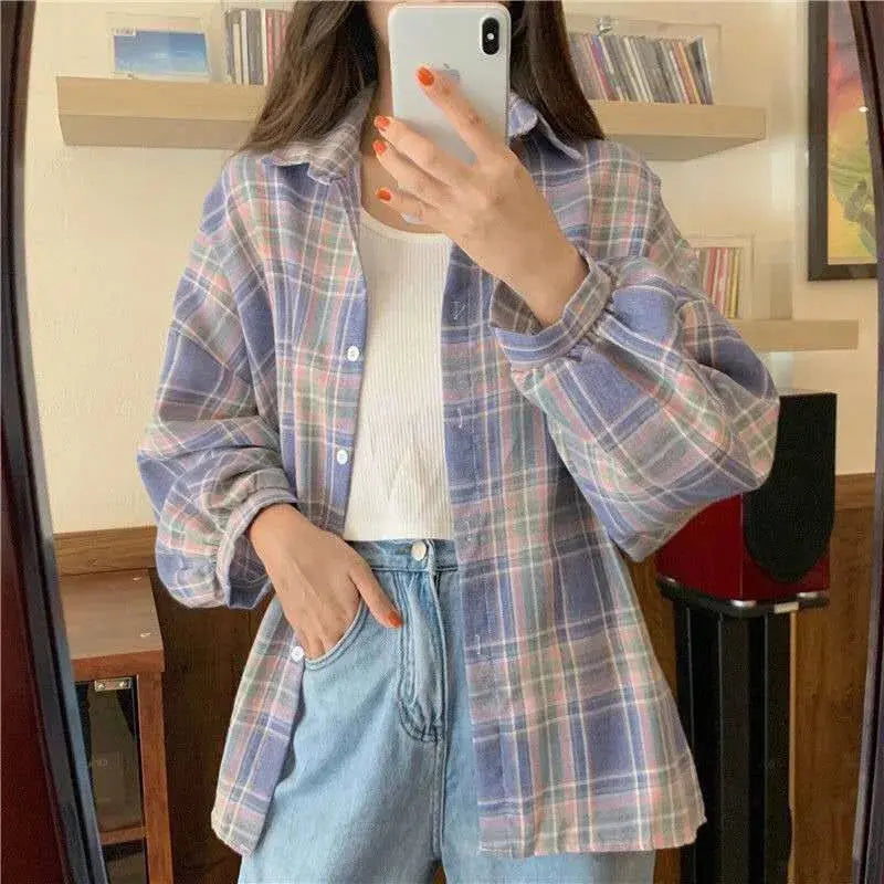 Plaid Long Sleeve Shirt for Women – Vintage Loose Fit Sparkling Chamber