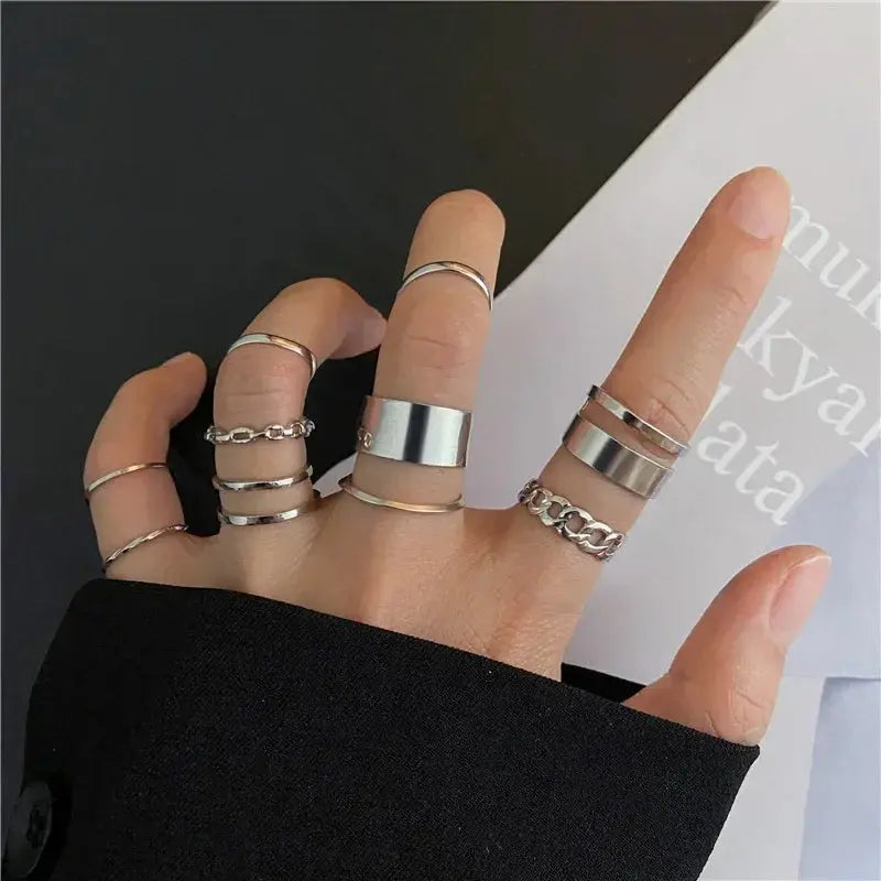 LATS 10Pcs Silver-Color Bohemian Ring Set for Women Sparkling Chamber