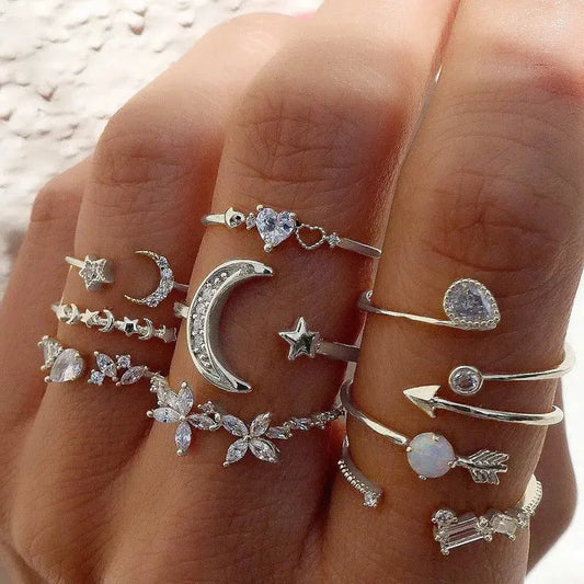 Silver Color Crystal Rings Set for Women, Cubic Zirconia Moon Arrow Flower Sparkling Chamber