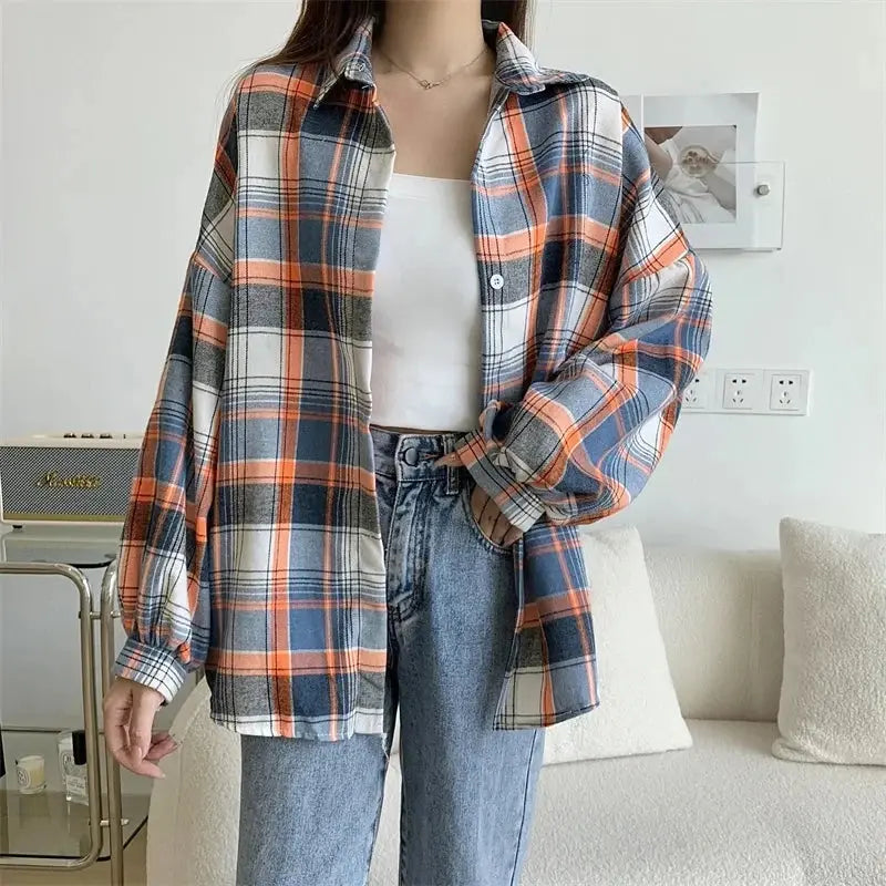 Plaid Long Sleeve Shirt for Women – Vintage Loose Fit Sparkling Chamber