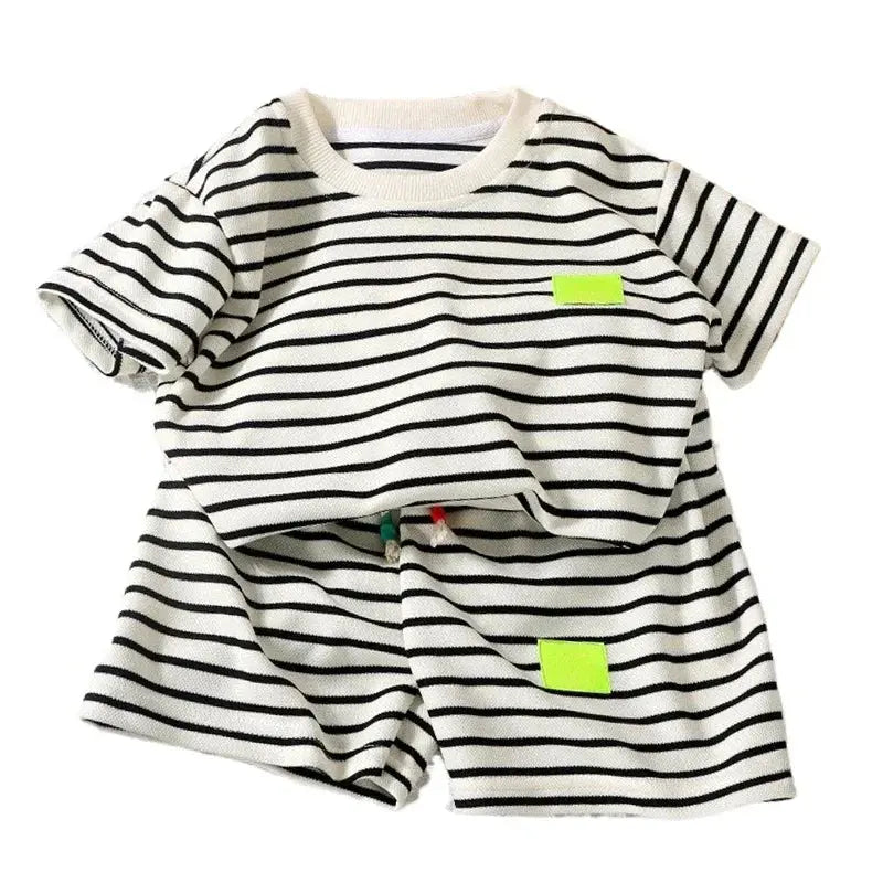 2Pcs Kids Striped Tee & Shorts Set - Black and White Summer Outfit Sparkling Chamber