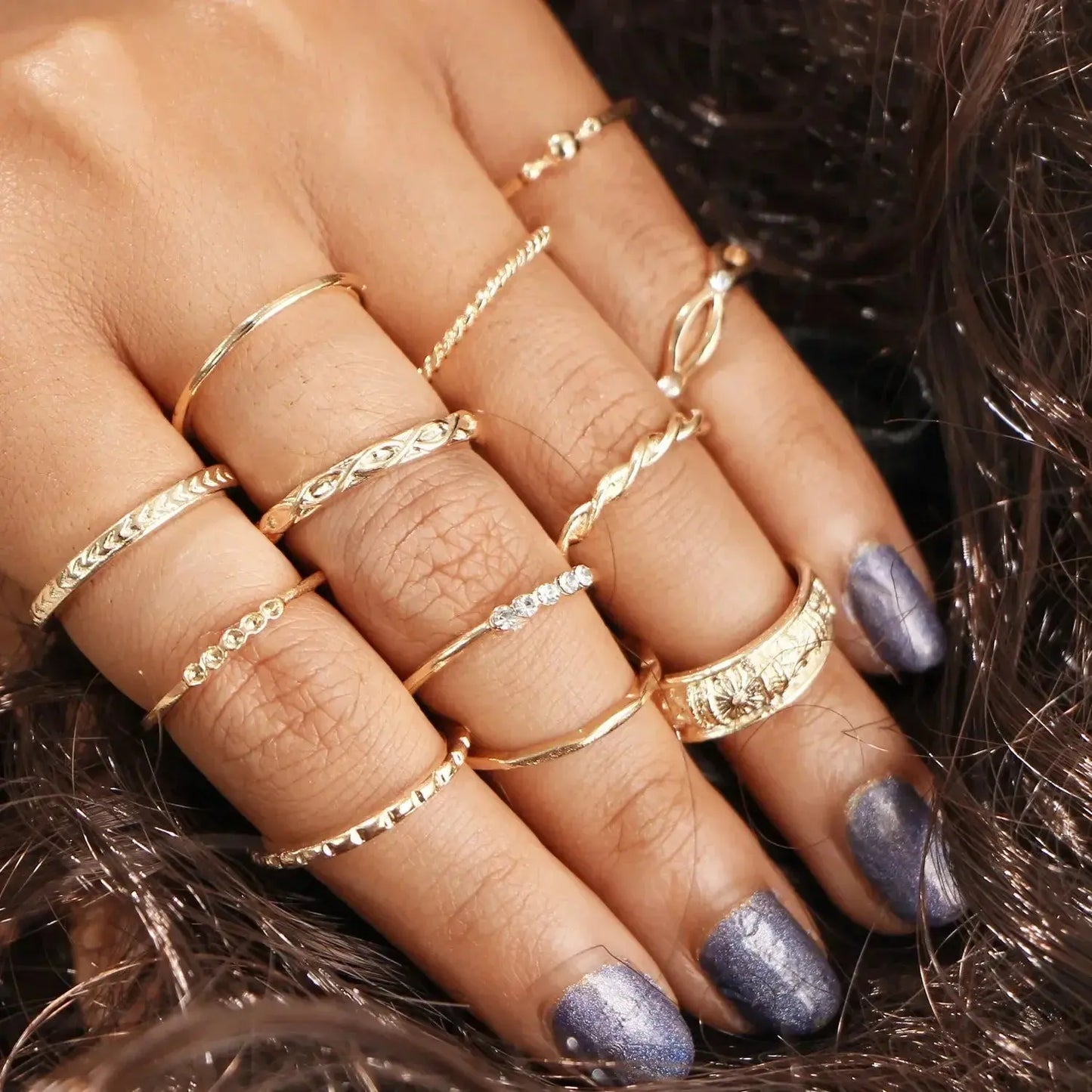 LATS 10Pcs Silver-Color Bohemian Ring Set for Women Sparkling Chamber