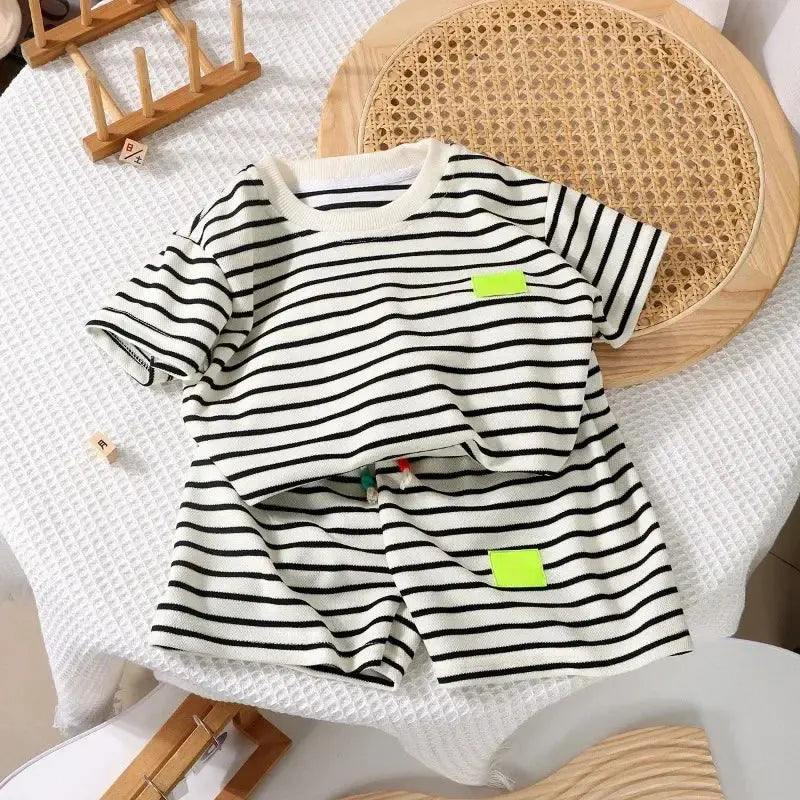 2Pcs Kids Striped Tee & Shorts Set - Black and White Summer Outfit Sparkling Chamber