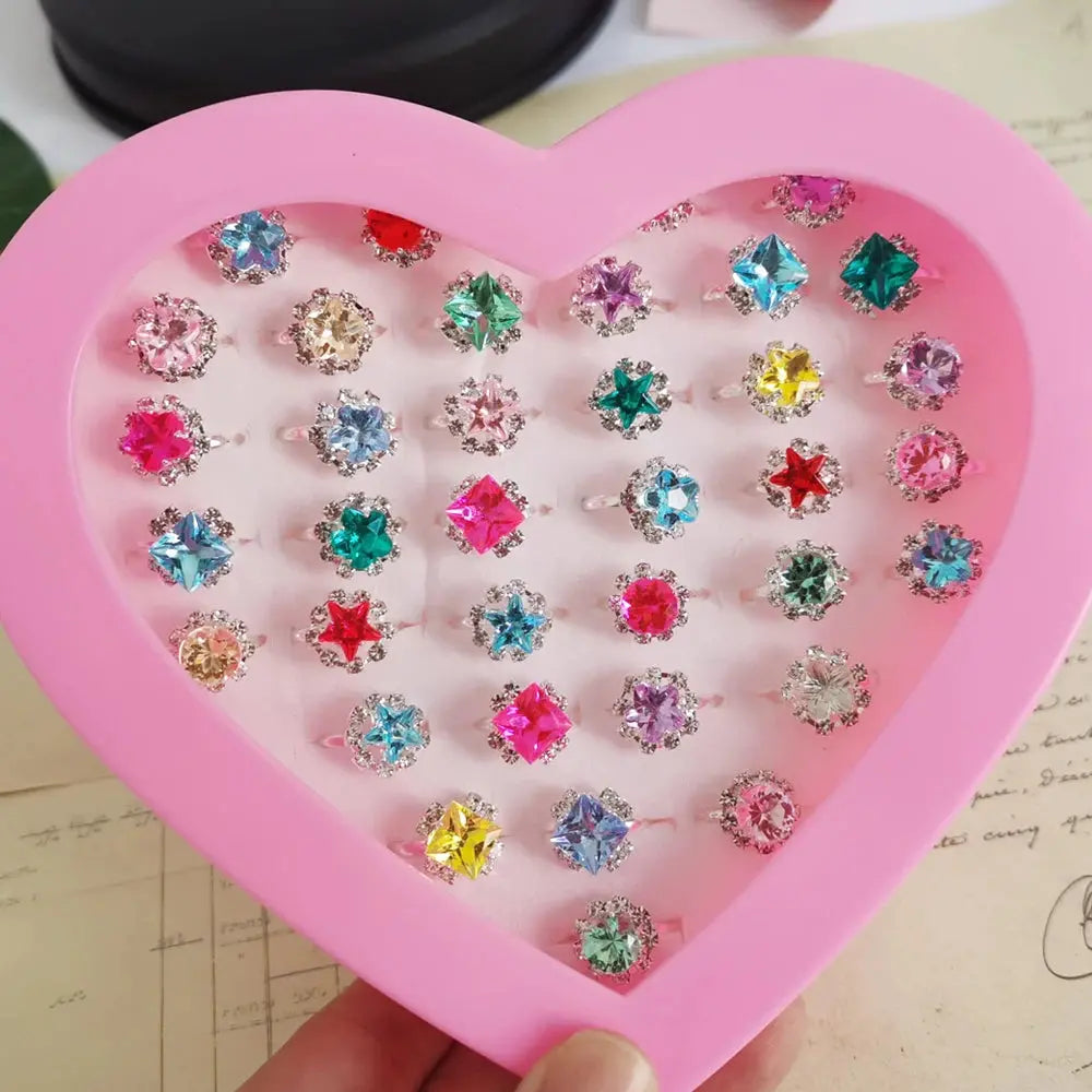 12/36PCS Adjustable Kids Crystal Rings – Heart, Star, Square Shapes Sparkling Chamber