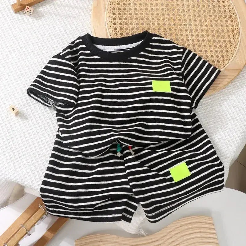 2Pcs Kids Striped Tee & Shorts Set - Black and White Summer Outfit Sparkling Chamber