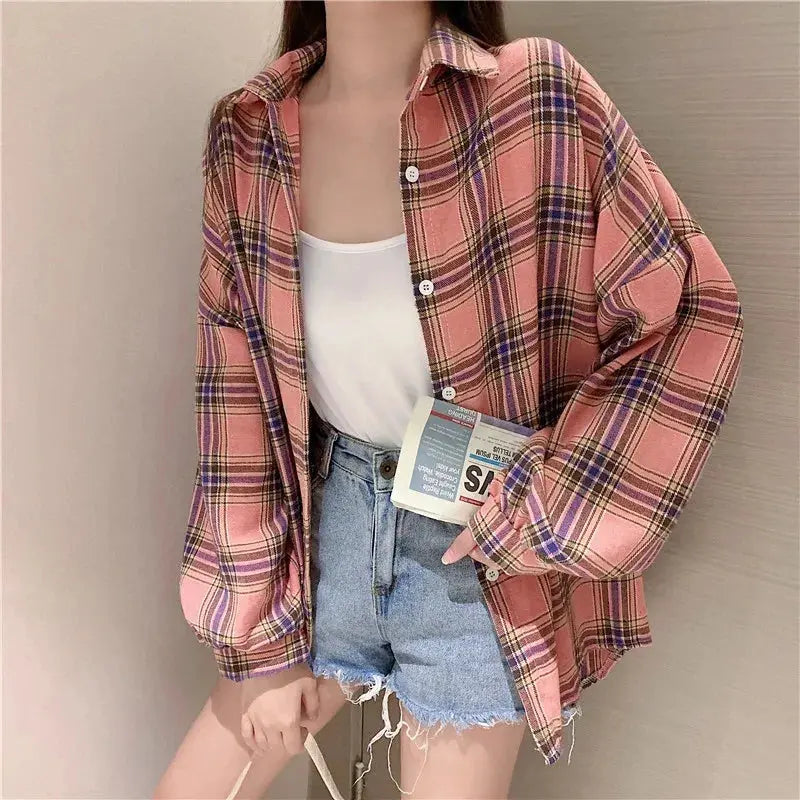 Plaid Long Sleeve Shirt for Women – Vintage Loose Fit Sparkling Chamber