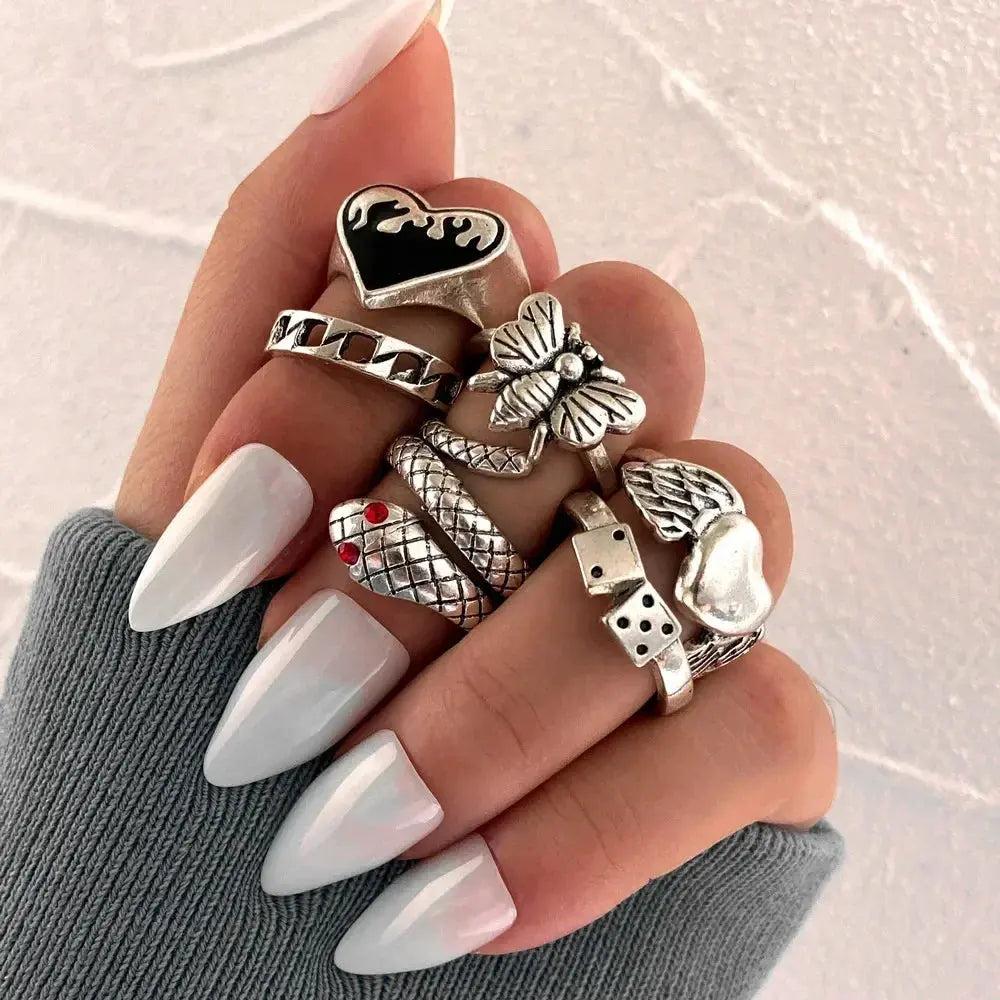 LATS 10Pcs Silver-Color Bohemian Ring Set for Women Sparkling Chamber