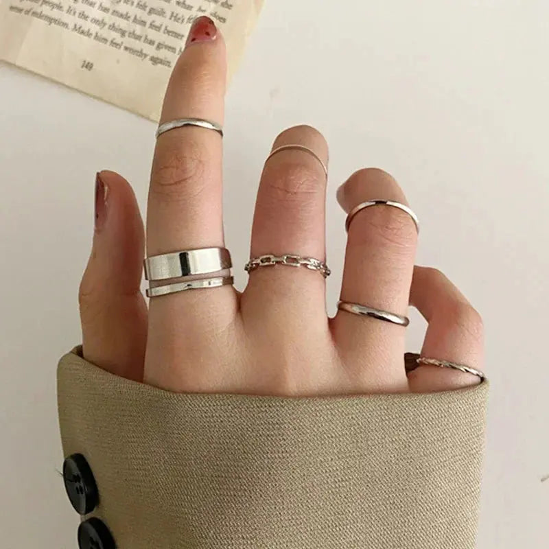 LATS 10Pcs Silver-Color Bohemian Ring Set for Women Sparkling Chamber