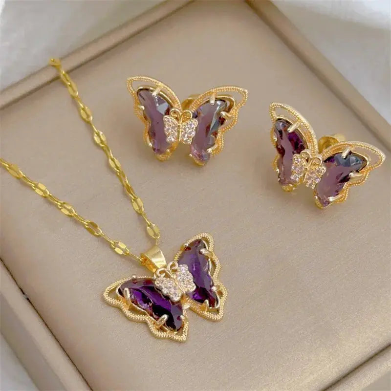 Fashion Butterfly Necklace & Earrings Set - Classic Light Luxury Sparkling Chamber