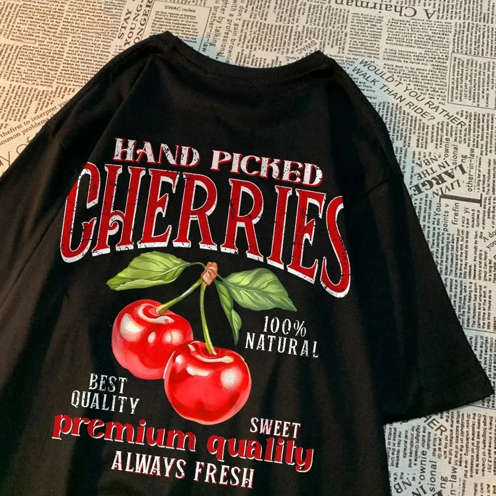 Hand-Picked Cherries Print Oversized Cotton T-Shirt Sparkling Chamber