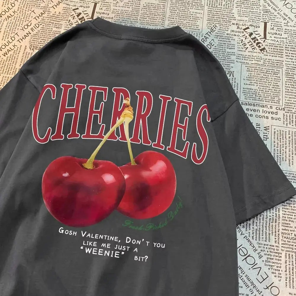 Hand-Picked Cherries Print Oversized Cotton T-Shirt Sparkling Chamber