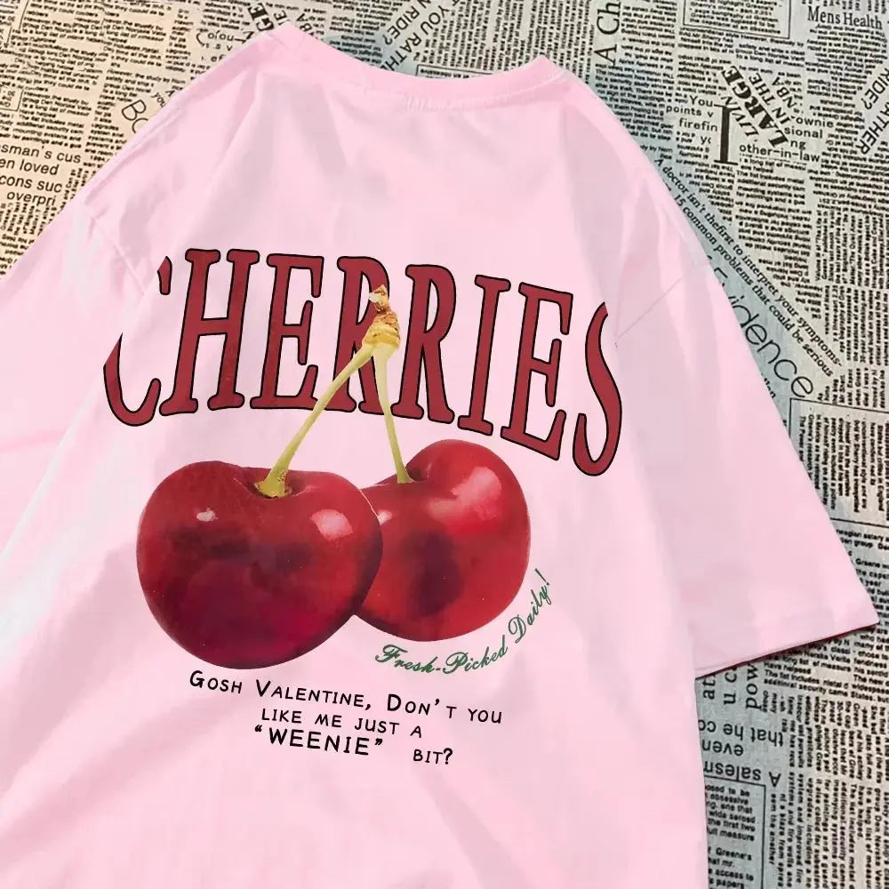 Hand-Picked Cherries Print Oversized Cotton T-Shirt Sparkling Chamber