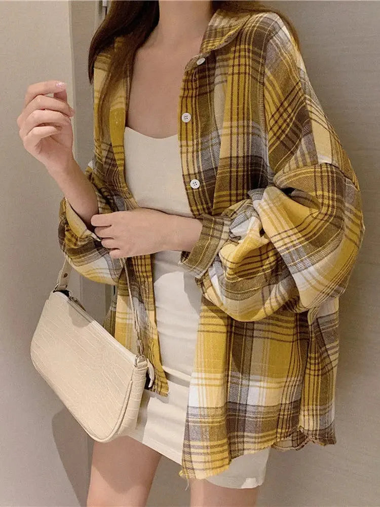 Plaid Long Sleeve Shirt for Women – Vintage Loose Fit Sparkling Chamber