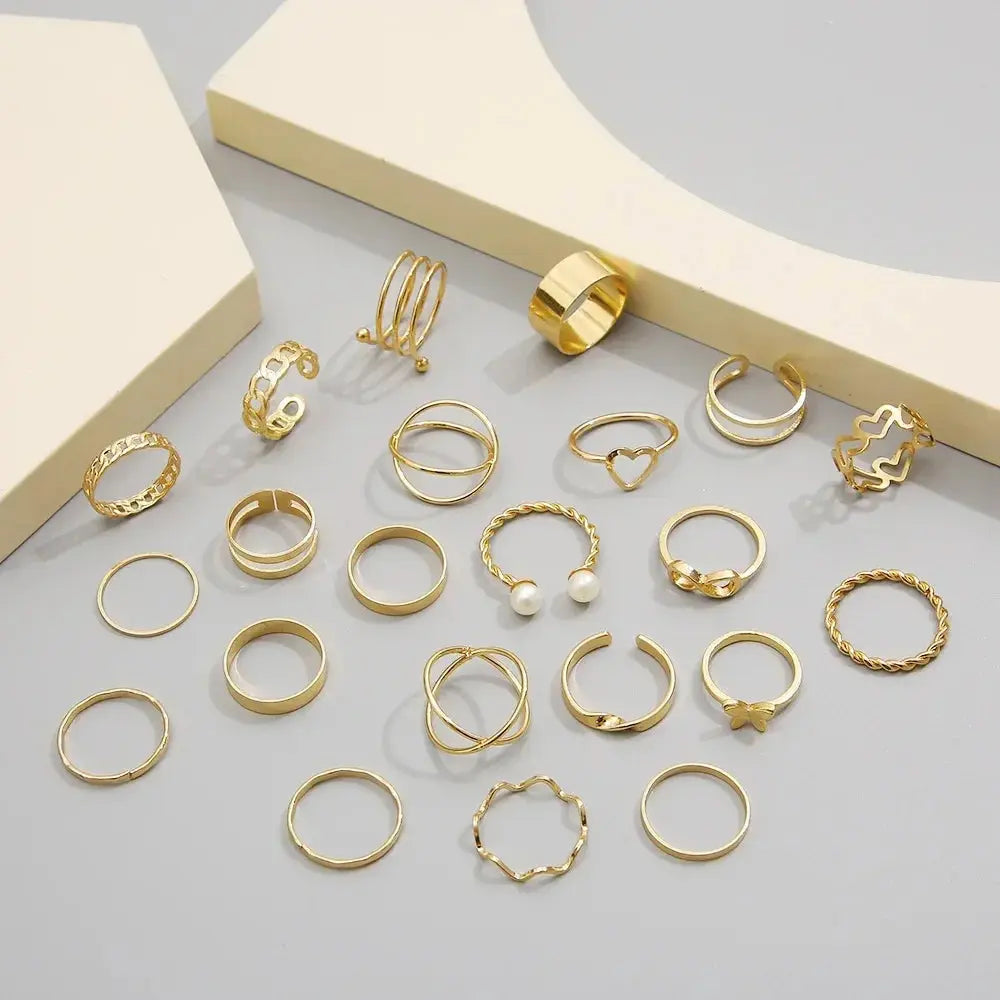 Delysia King Alloy Ring Set for Unisex – 22pcs in Gold & Silver Sparkling Chamber