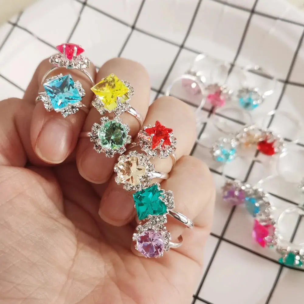 12/36PCS Adjustable Kids Crystal Rings – Heart, Star, Square Shapes Sparkling Chamber