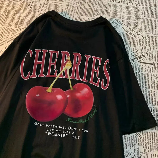 Hand-Picked Cherries Print Oversized Cotton T-Shirt Sparkling Chamber